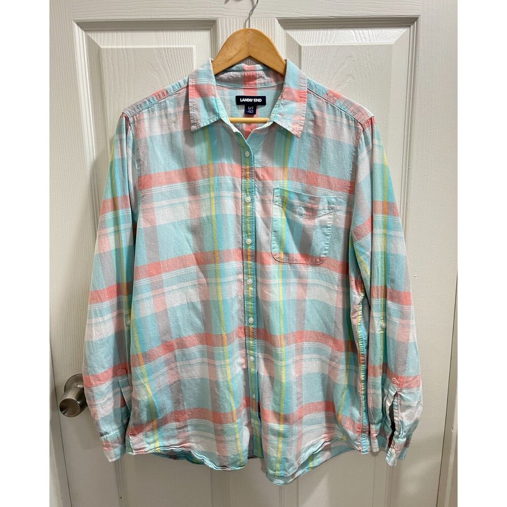 Lands' End Linen Blend Long Sleeve Button-up Plaid Shirt Size Large/T Pastel - Picture 2 of 6